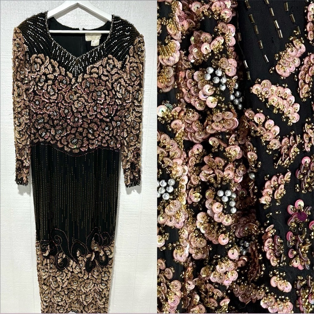 Landa silk vintage embellished beaded long sleeve formal gown size 14